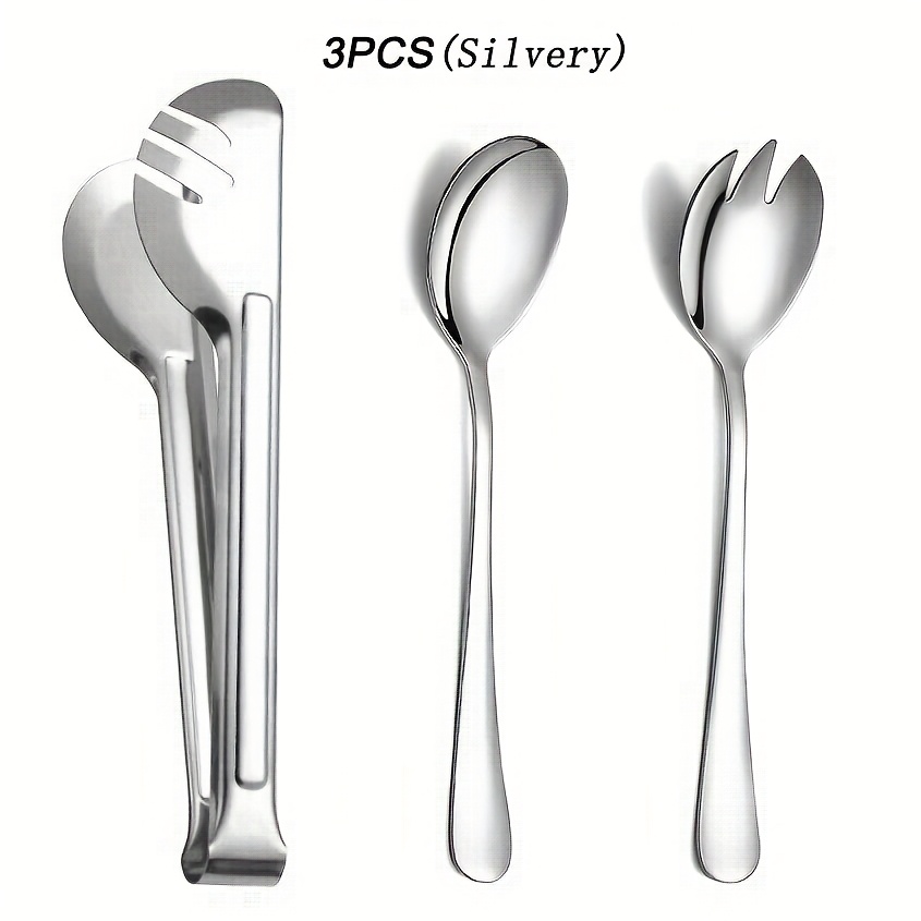 Image of 3pcs Salad Server Set, High-quality Stainless Steel Salad Tongs, Salad Spoons, Salad Forks, Kitchen Additions For Mixing, Blending, And Cooking, Buffet/party/catering Services, Dishwasher Washable