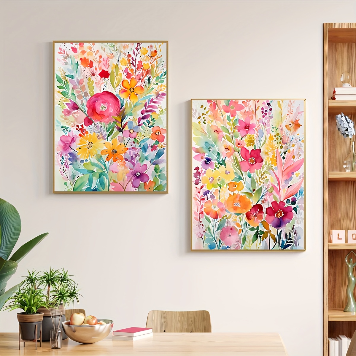 E-shop 2D-Flach, 2-teiliges ungerahmtes abstraktes Aquarell-Blumenkunstposter, Vintage-Cartoon-Leinwandbild mit farbigen Blumen, originelle Wandkunst,
