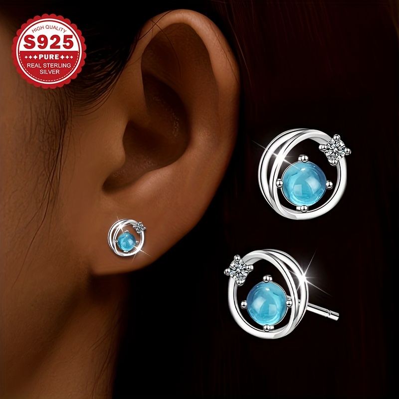 

1 Pair Of Earrings S925 With Zirconia, Hollow Round Moonlight Blue Earrings, Simple And Exquisite Low Allergy 1.3g, And A Great Gift For Women