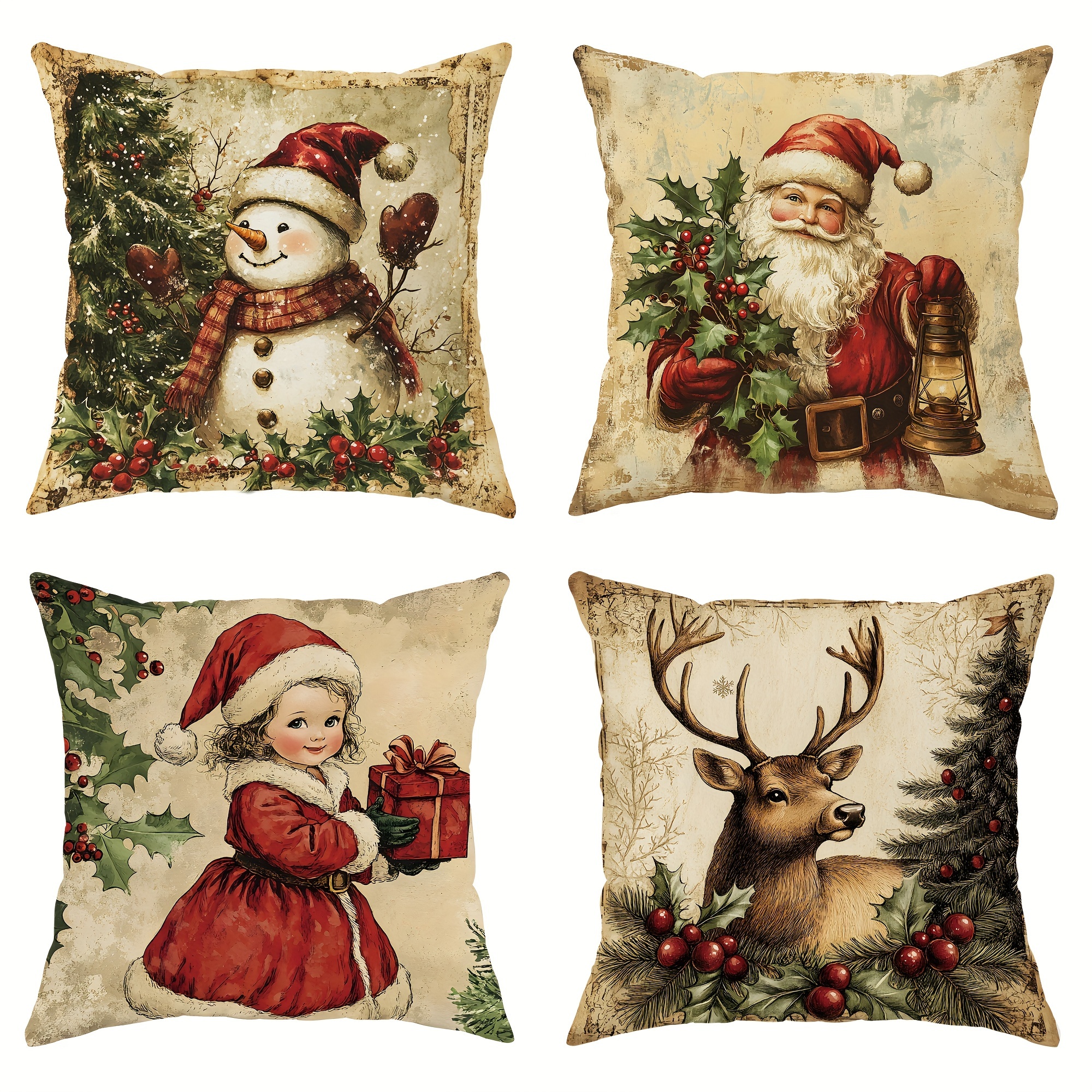 

4pcs Christmas Santa Snowman Red Pillowcases 1 Sided 18in*18in For In Bedroom Sofa Bed Decoration Inserts