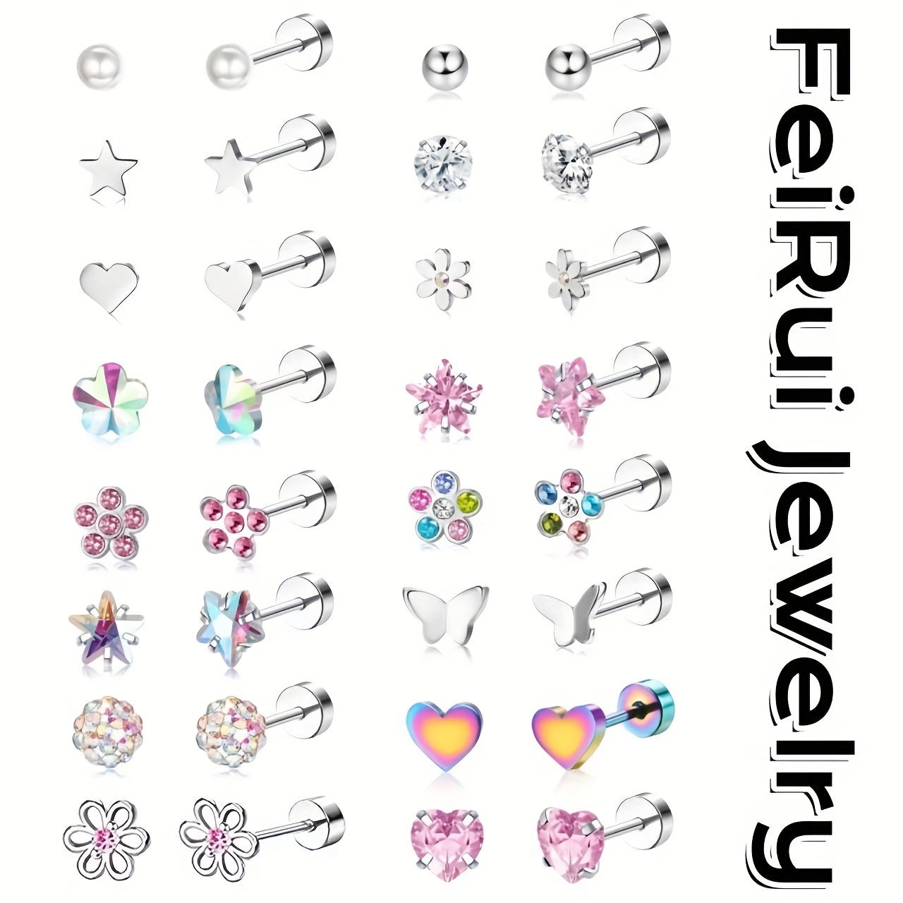 TEMU 16 Paires de Boucles d'Oreilles , Adaptées aux Filles et Femmes 316L 316L 316L 316L 316L Acier Inoxydable CZ Cœur Fleur Étoile Papillon de Dos