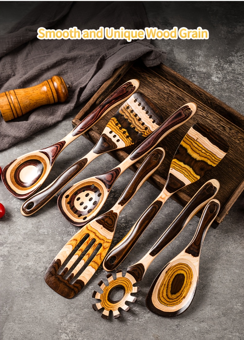 Pakkawood Spurtle Set, Kitchen Utensils Set For Cooking, WOSPONFAN 7pcs Pakkawood Wooden Cooking Spoons & Spatulas With Spoon Rest, Safe For Non-Stick Cookware, Outdoors & Kitchen Gift (Brown Spoon-7pcs)
