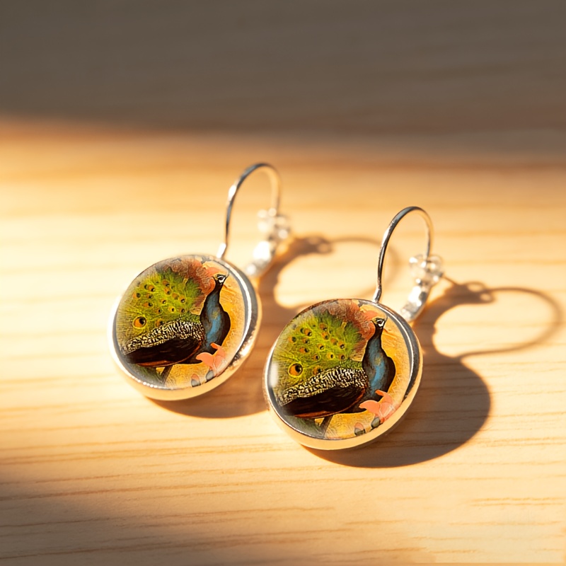 2pcs Round Glass Inlaid Base Earrings Set with Peacock Feather