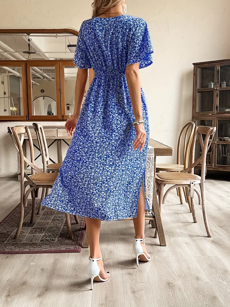floral print v neck dress elegant ruffle sleeve shirred - Temu United Arab Emirates floral print v neck dress elegant ruffle sleeve shirred - Temu United Arab Emirates