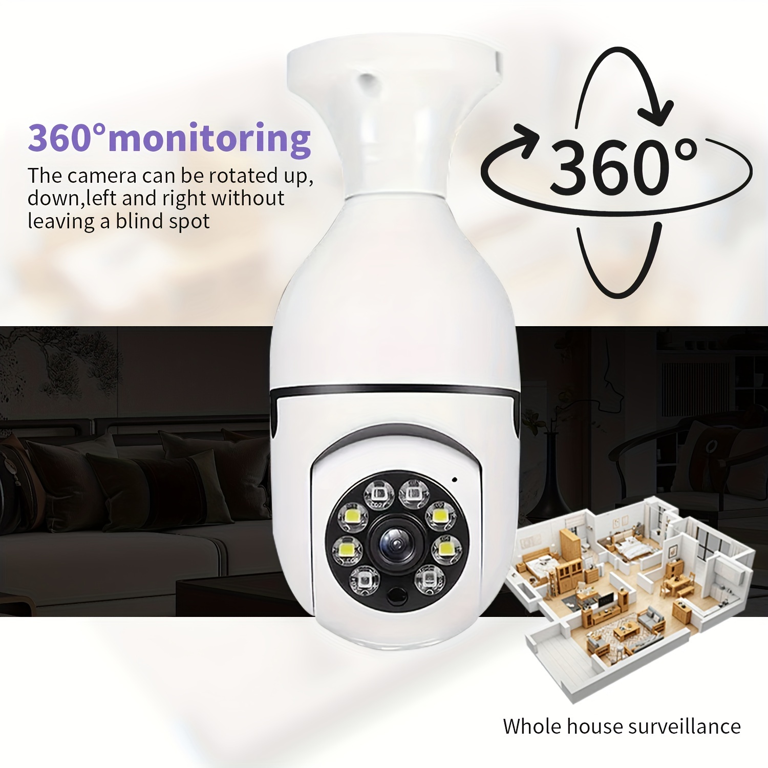 night   e27 bulb security camera with auto tracking 360 panoramic fisheye view two way audio hotspot connection tf card storage sd card not included 110v 220v hardwired indoor surveillance cameras details 5