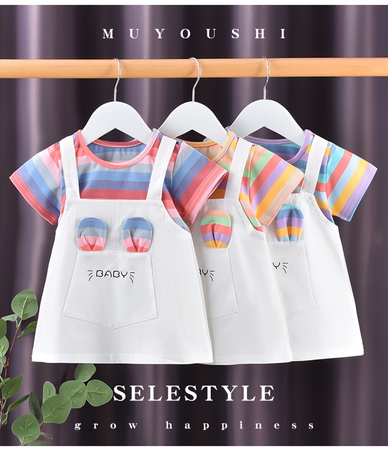 A New Baby Girl'S Summer Dress, Featuring Striped Short Sleeves And a Faux Two-Piece Design, Made of Pure Cotton, Perfect for Little Ones.