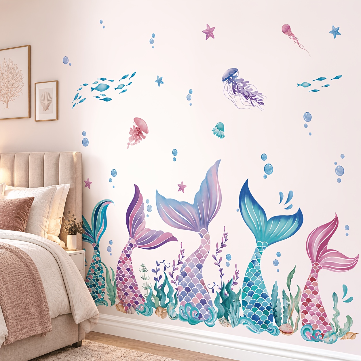 Image of Mermaid Tail Bathtub Appliques Underwater Mermaid Wall Stickers Bubble Seaweed Peel And Stick Wall Art Decals, Spring And Summer Ocean Party Decoration Supplies Gift
