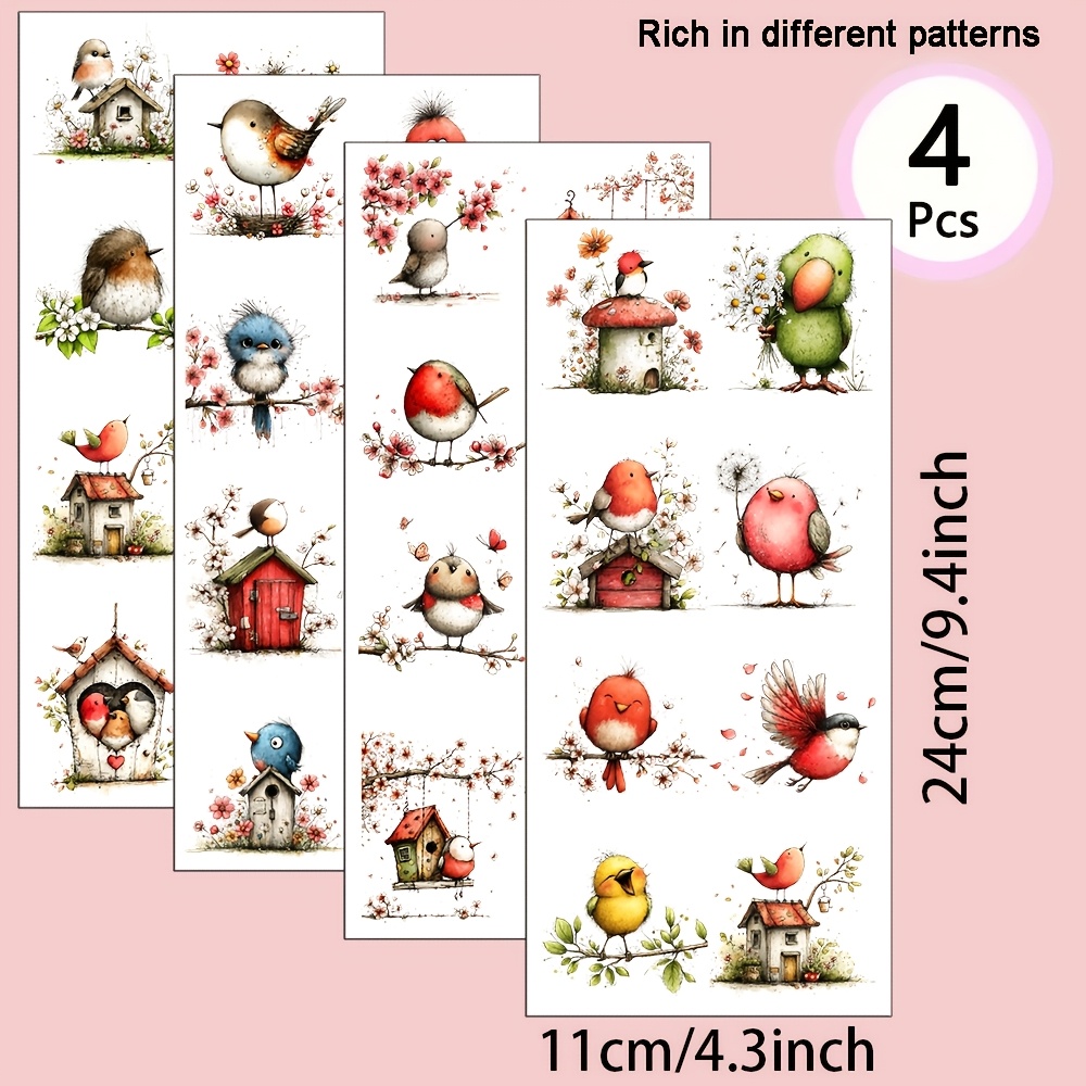 TEMU 4pcs/set Cute Birds Uv Transfer Suitable For Diy Crafts, Mugs, Laptops & Water Bottles - Self-adhesive Plastic With Bird Patterns, Durable