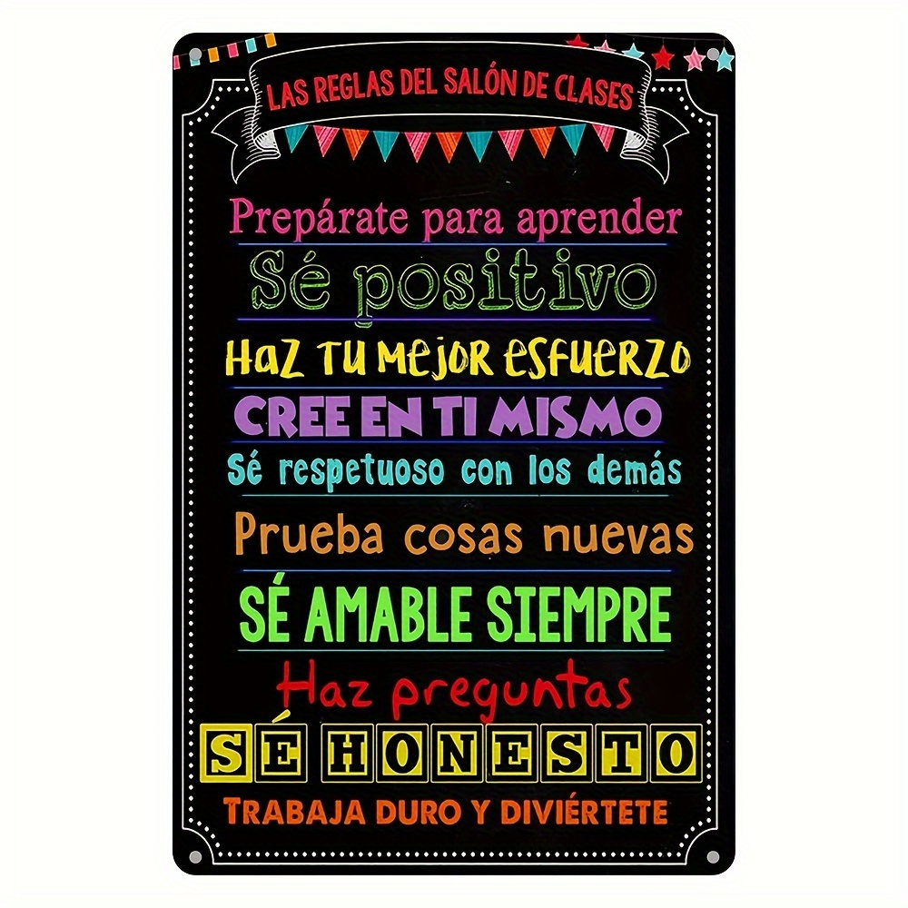 

1pc Metal Tin Sign With Uv Printing, Spanish Classroom Rules Decor, 8x12 Inches (20x30cm), Indoor & Outdoor Wall Decor, Pre-drilled, Waterproof And Weather Resistant