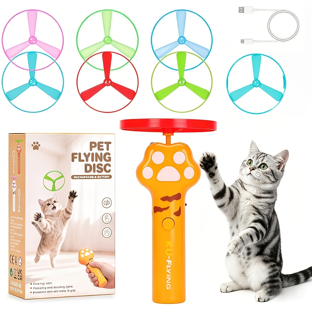 TEMU Electric Cat Wand Toy, Ufo Flying Disc Interactive Kitten Toy With 7pcs Flying Saucer, Indoor & Outdoor Use To Pet Boredom & Exercise All