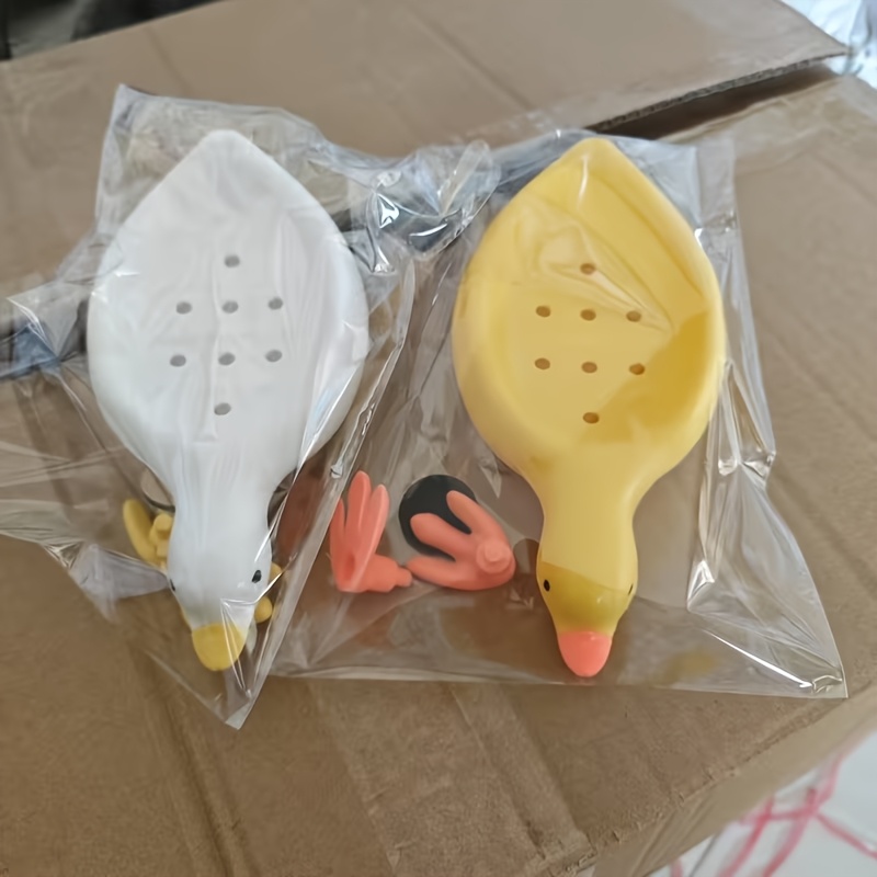 Image of 2pcs Cute Duck Soap Dishes - Yellow White Plastic Oval Bathroom Sink Organizer, Slanted Drainage Design, No Water , Decorative Bathroom Accessory, Compact And Lightweight, Space-
