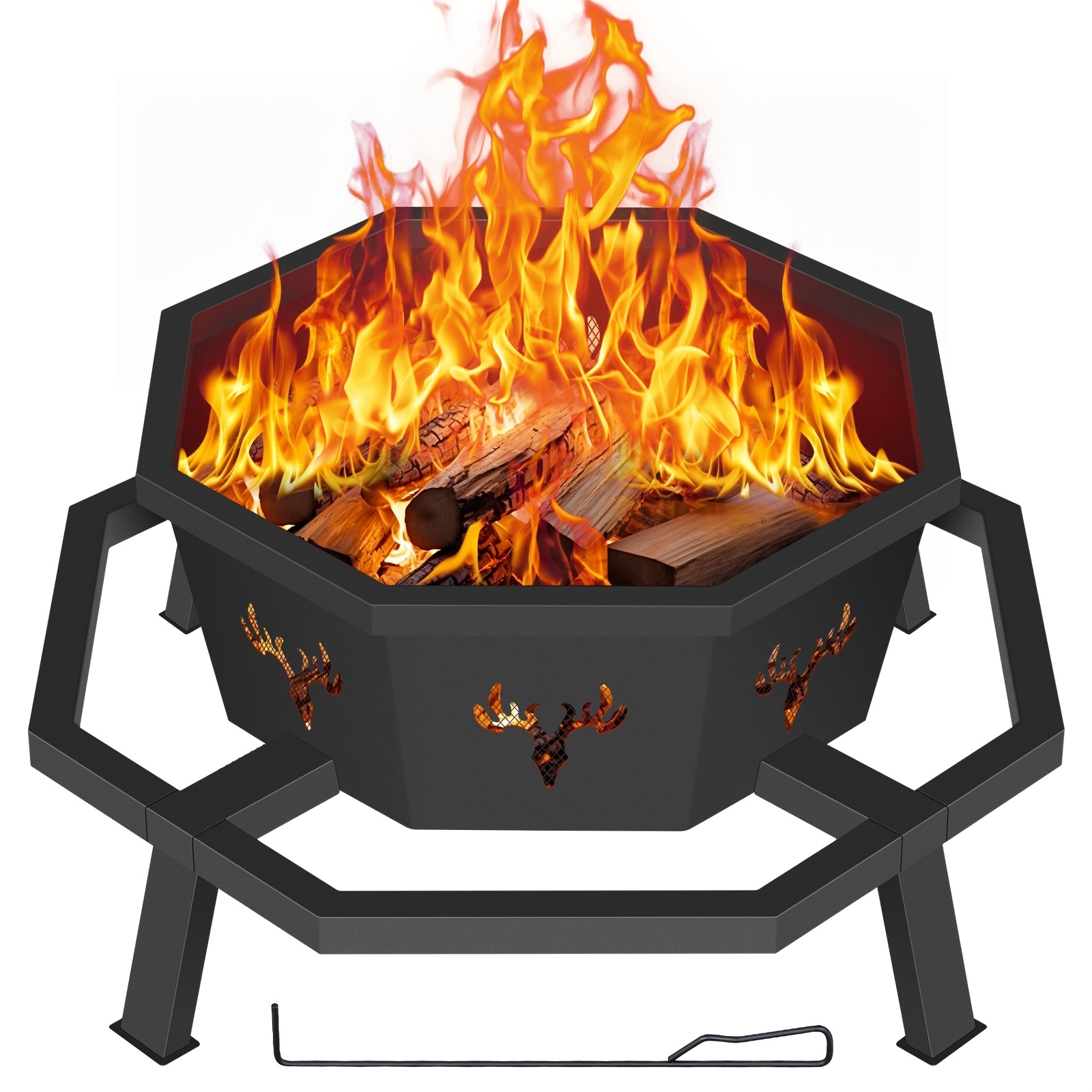 

35-inch Heavy Duty Outdoor Fire Pit, Black Metal With Embossed Deer Design - Octagonal, Flame-enhancing Airflow, Ideal For Camping, Backyard, Or Patio Use