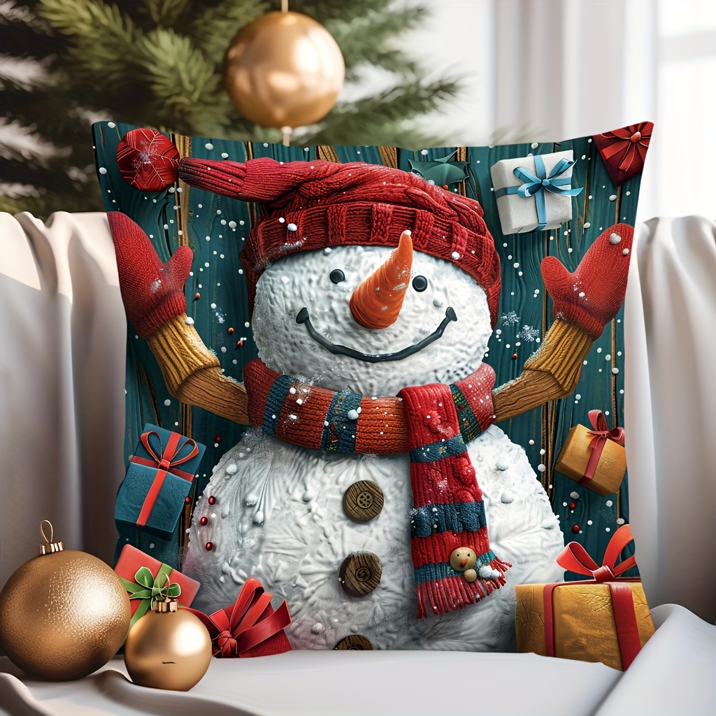 

1pc Contemporary Snowman & Festive Trees Digital Print Throw Cover, 17.7" Square, Zipper Closure, Hand Wash, 100% Polyester, Single-sided, For Various Room Types - Christmas Home Decor (no Insert)