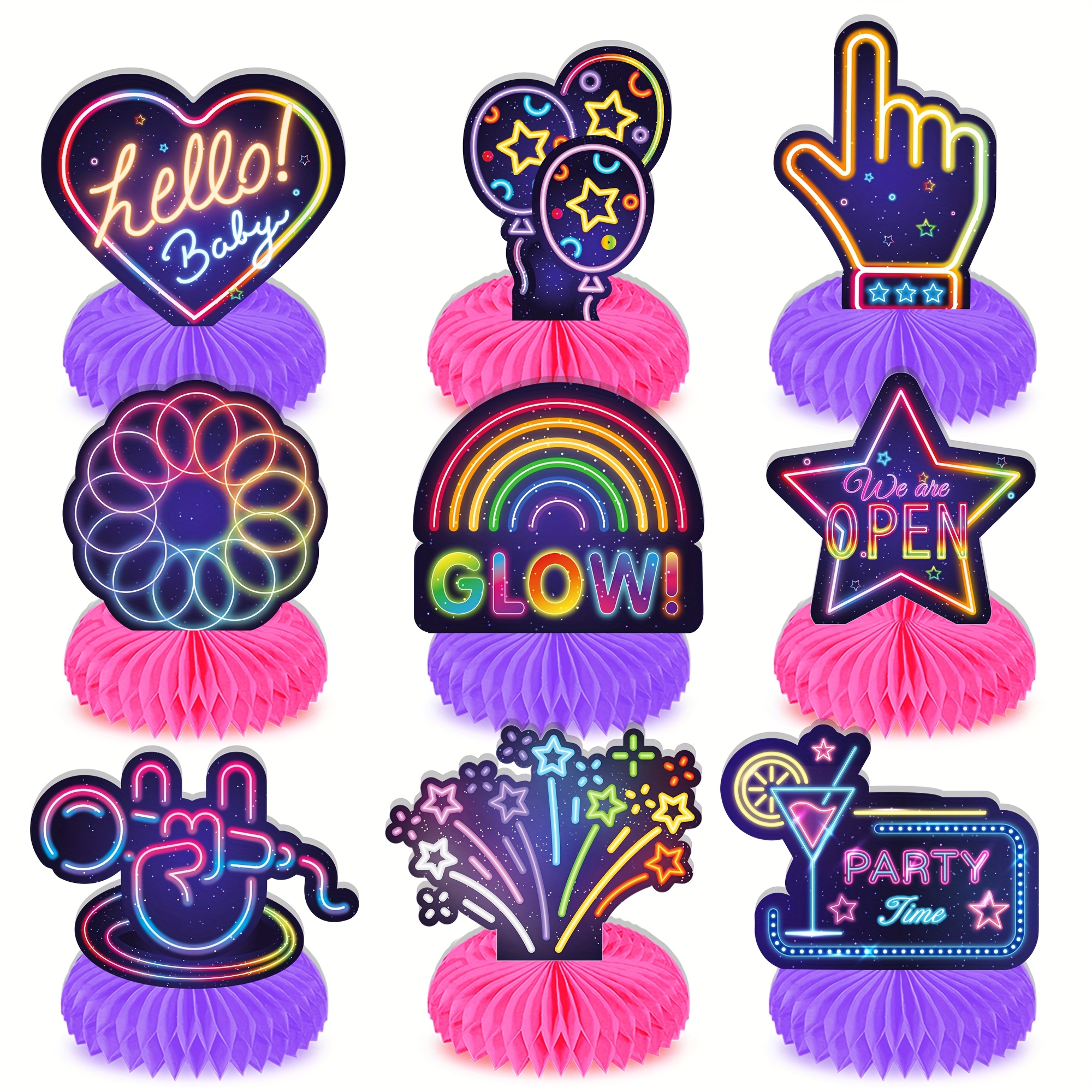 Image of Set Of 9 Luminous Party Table Decorations Featuring Honeycomb Centerpieces For An 80s And 90s Themed Birthday Celebration