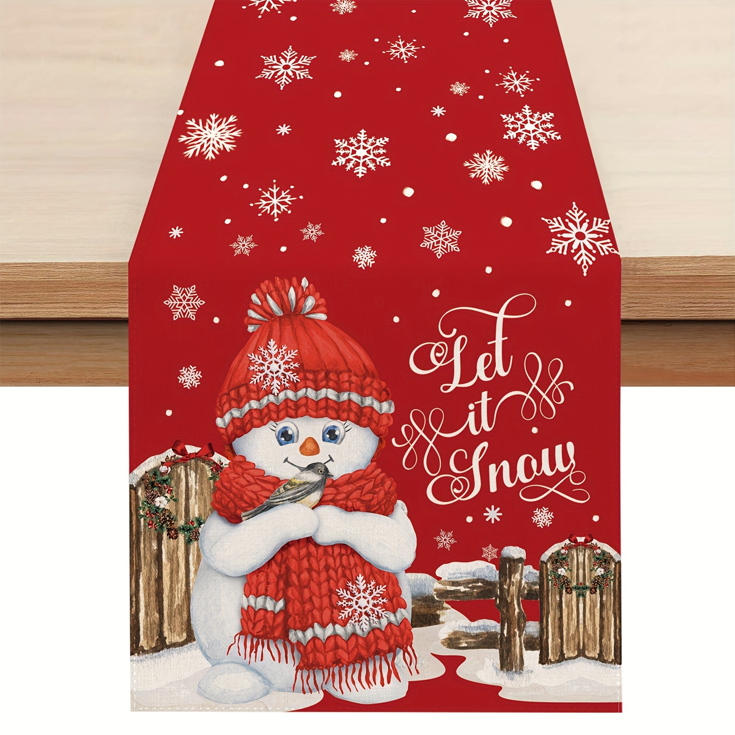 

Snowman Christmas Table Runner - Red Polyester, Holiday Dining & Home Party Decor