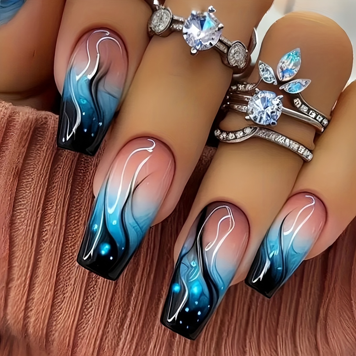 24pcs Blue Flame Gradient Press-on Nails - Medium , Glossy End, Removable And Reusable, Fashionable Vortex And Starry , Suitable For Daily Or Special Occasions