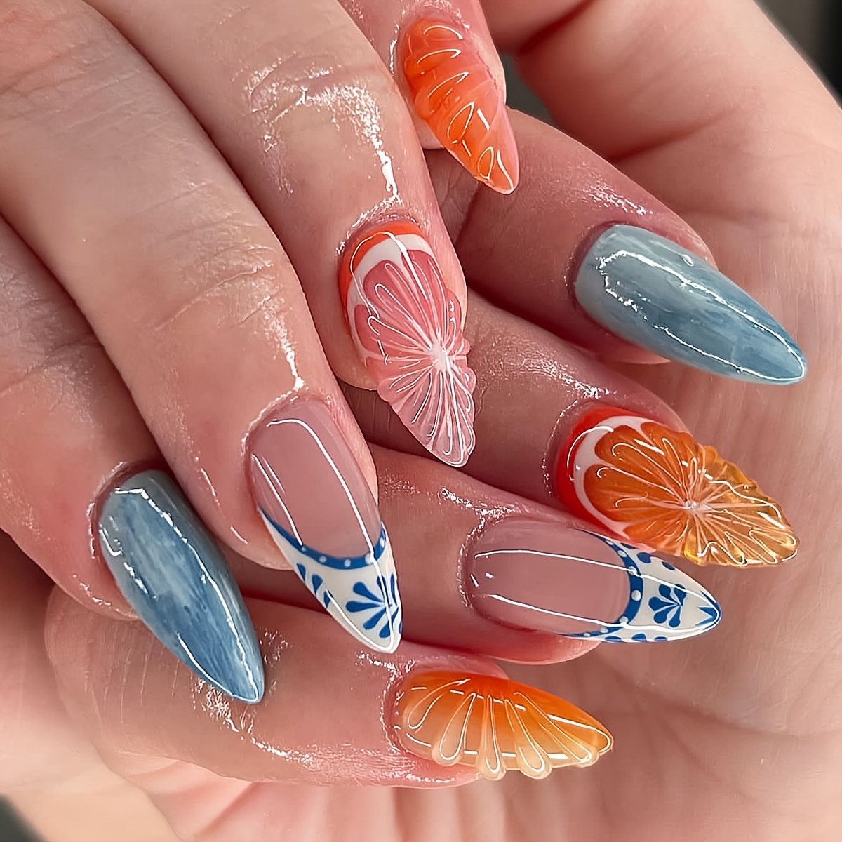 

24pcs Pink French Tip Press-on Nails, Almond Fake Nails With 3d Embossed Colorful Orange Sunburst Design, Glossy Full Cover False Nails For Wome