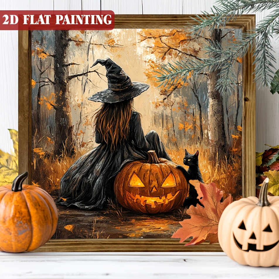 TEMU 2d Flat, 1pc, Vintage Witch With Black -o'-lantern In Autumn Framed Sign, Halloween Magic Theme, Wall Art, Farmhouse, Kitchen, Living Room,