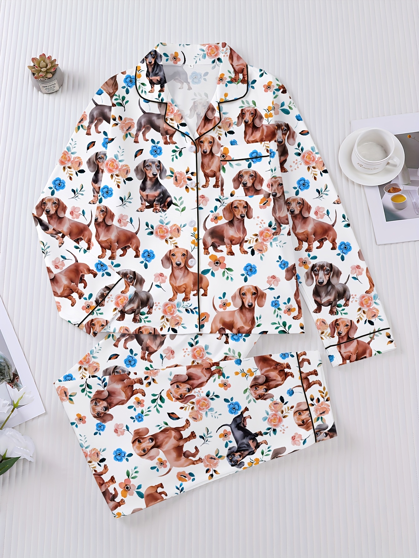 Bresdk Pyjama dames lang katoen lange mouwen geruit pyjama broek lounge set nachtkleding met manchetten, rood, geruit, L