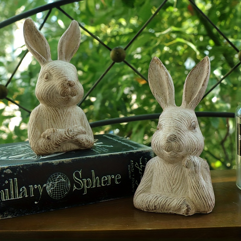 

Set Of 2 Resin Rabbit Figurines For Farmhouse Decor - 14.5cm & 15cm Sizes