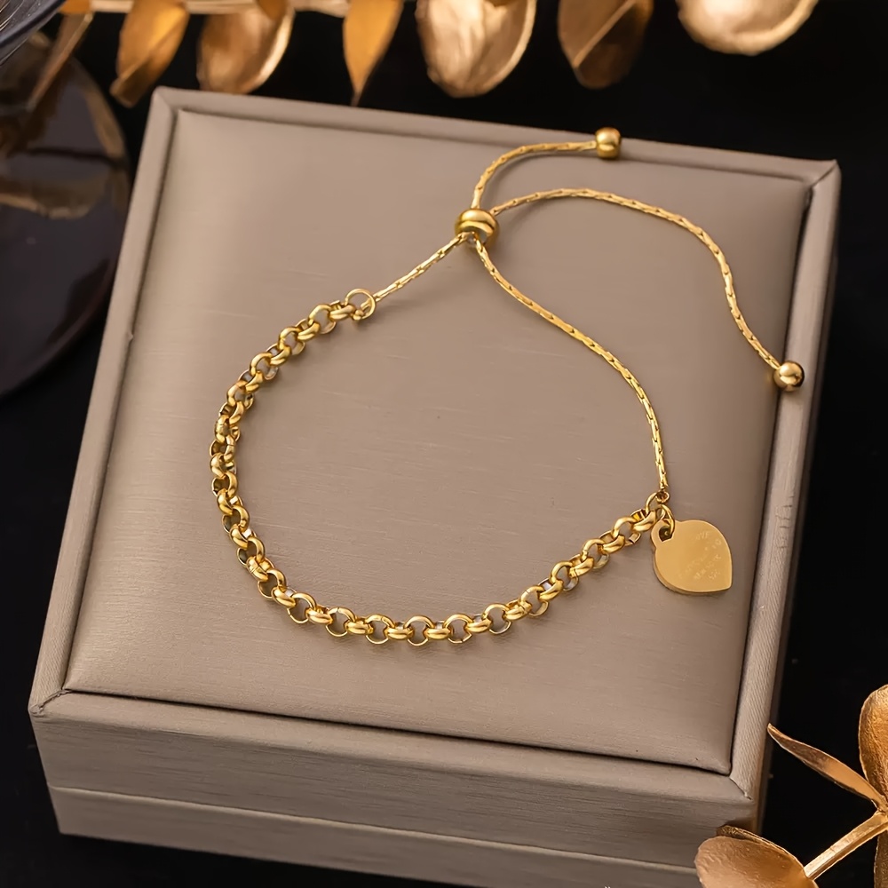 TEMU A Fashionable And Minimalist Chunky Stainless Steel Bracelet With An Adjustable Rope , Heart-shaped Tag, And Engraved Text, Is A Bright And