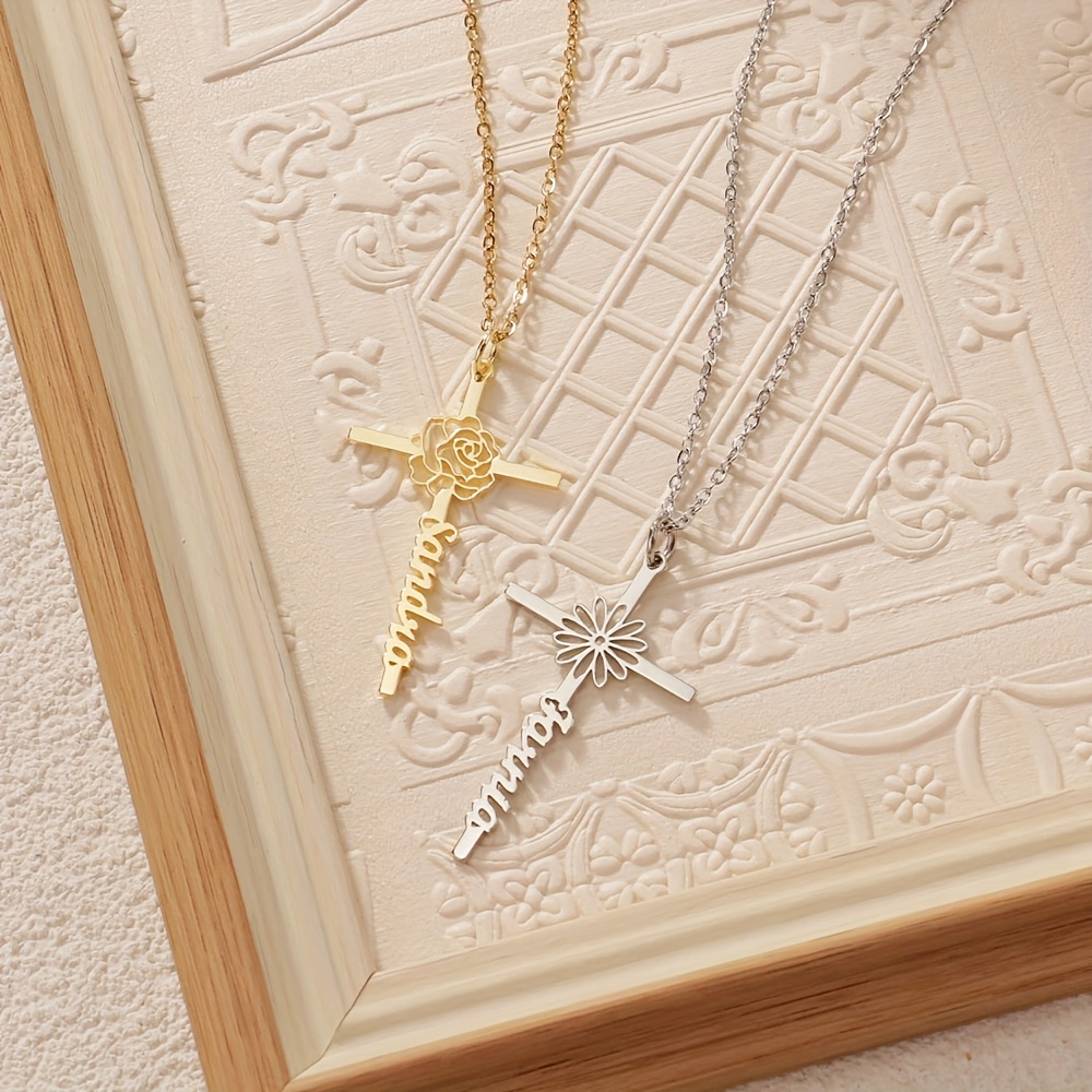Women's Personalized Cross & Birth Flower Pendant Necklace