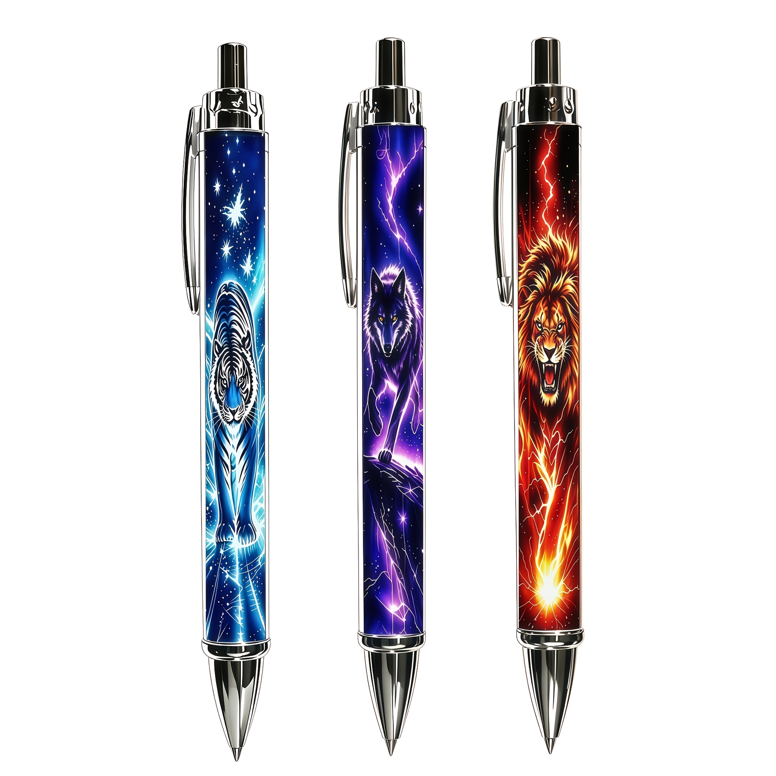 TEMU 3-pack Neon Starry Sky Lightning Click Pens, Cool Tiger, Black Wolf, Lion Patterns, Smooth Writing, Suitable For Back-to-, Office Writing, Men's