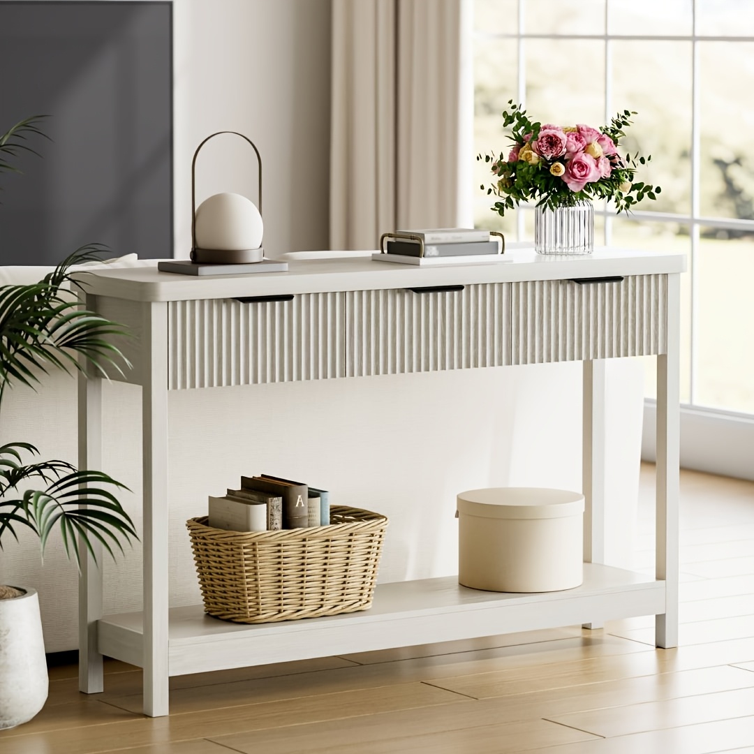 51 IN Fluted Console Table with 3 Drawers, Modern Entryway Table with Metal Handles, Sturdy Solid Wood Design, Hallway Table with Storage, for Living Room And Hallway