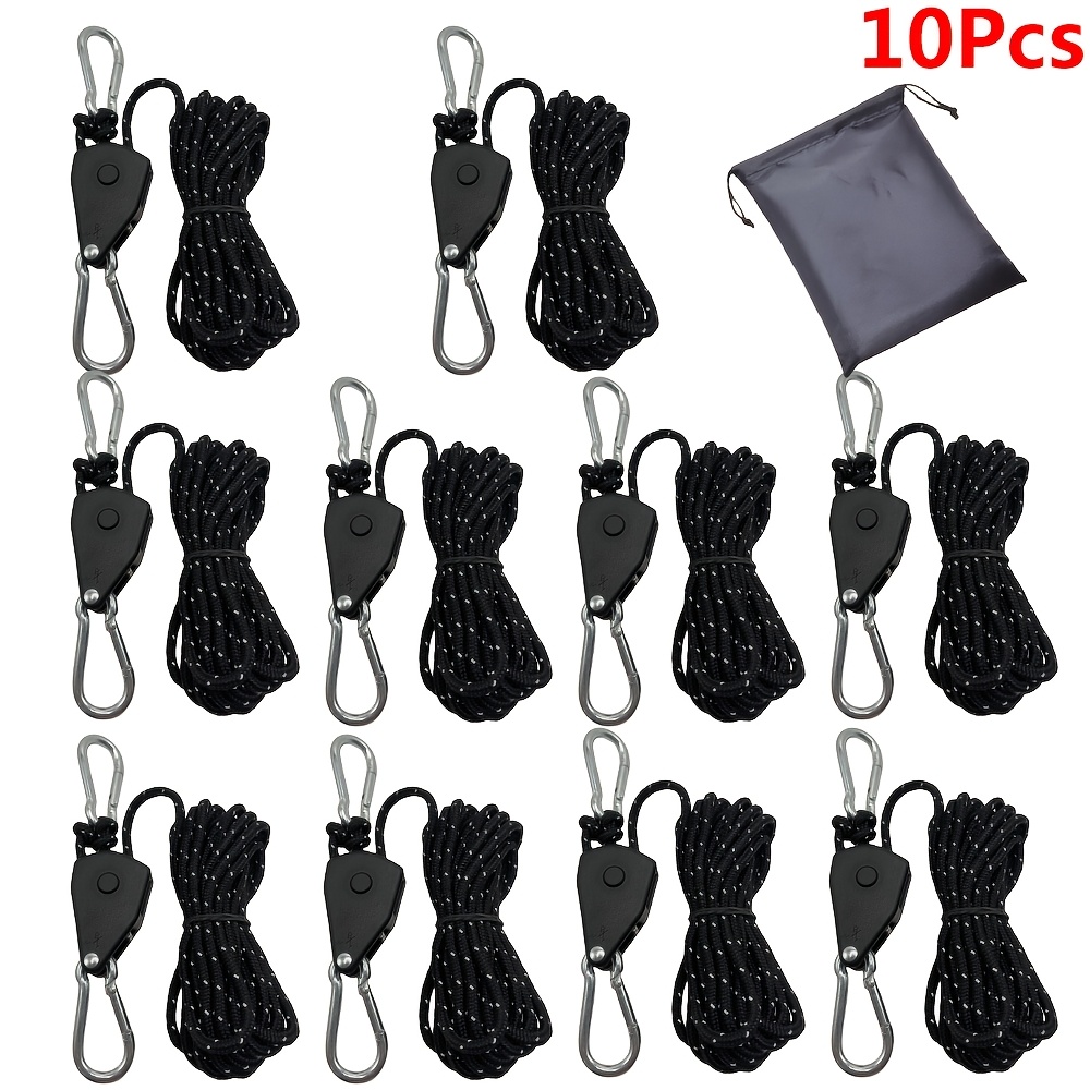 TEMU 10pcs 13.12ft Rope Reflective Camping Tent Rope Tie Down Fastener Fixed Buckle Pulley Tensioner Hangers Awning Luggage Rope