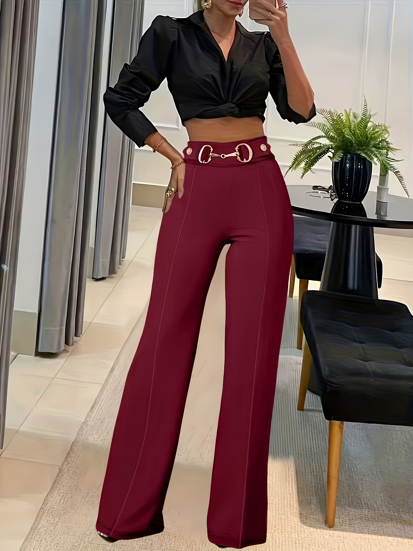 plus size womens elegant solid color pants chain detail - Temu Mauritius