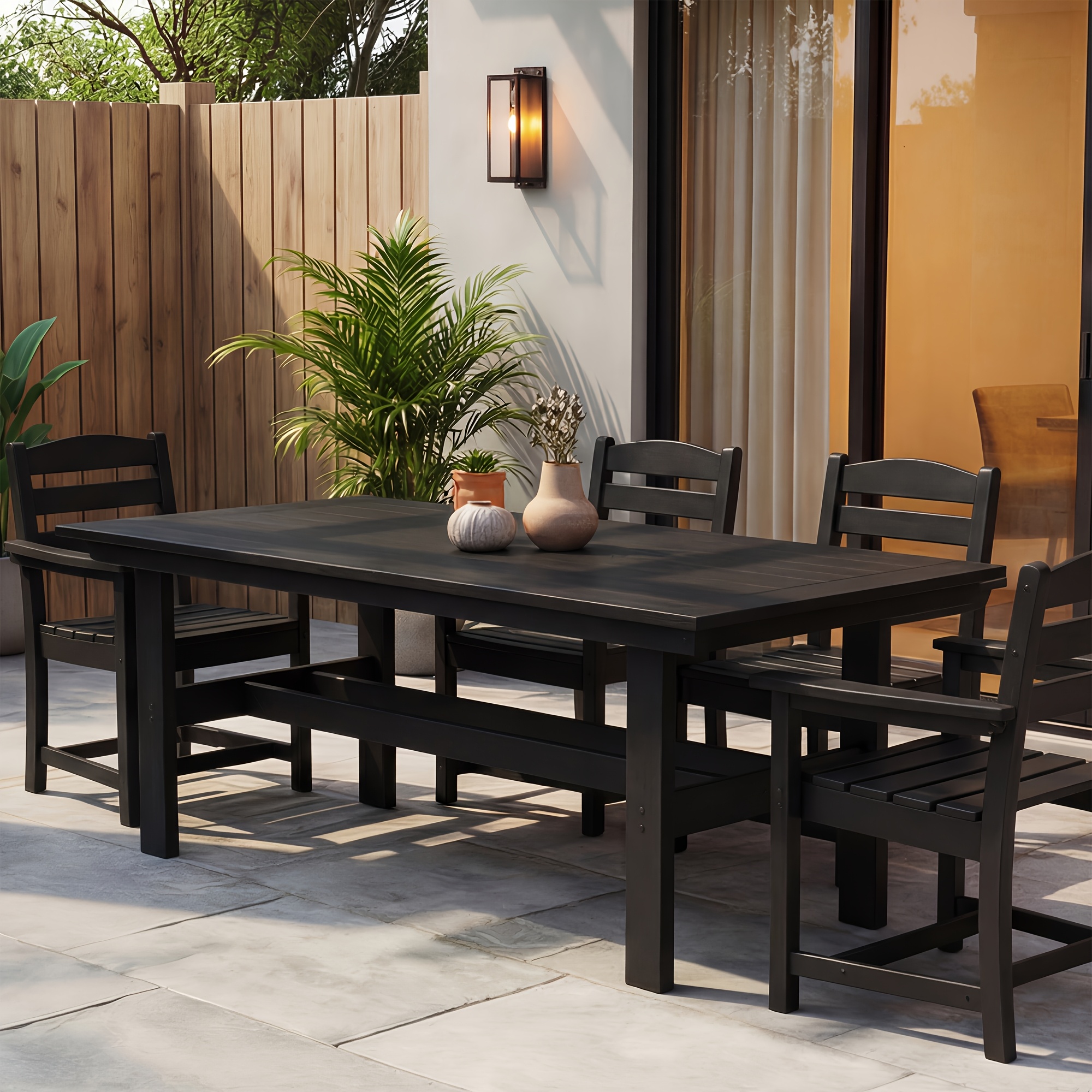 Modern Outdoor Dining Table for 6-Person Rectangle Indoor Outdoor Table with Umbrella Hole & Wood-Like Surface, Weather-Resistant Outside Dining Table for Patio Lawn Garden Backyard, 32.7