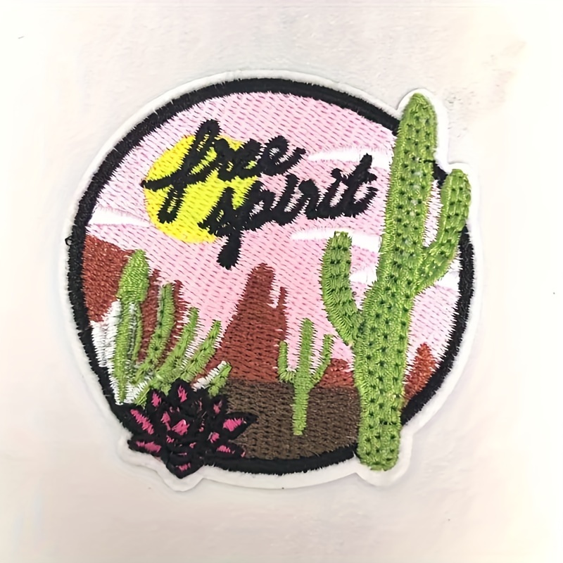 

2pcs Round "free Spirit" Cactus Embroidered Patches, Diy Iron-on Cloth Decoration For Jeans, Jackets, Clothing, Bags, And Hats