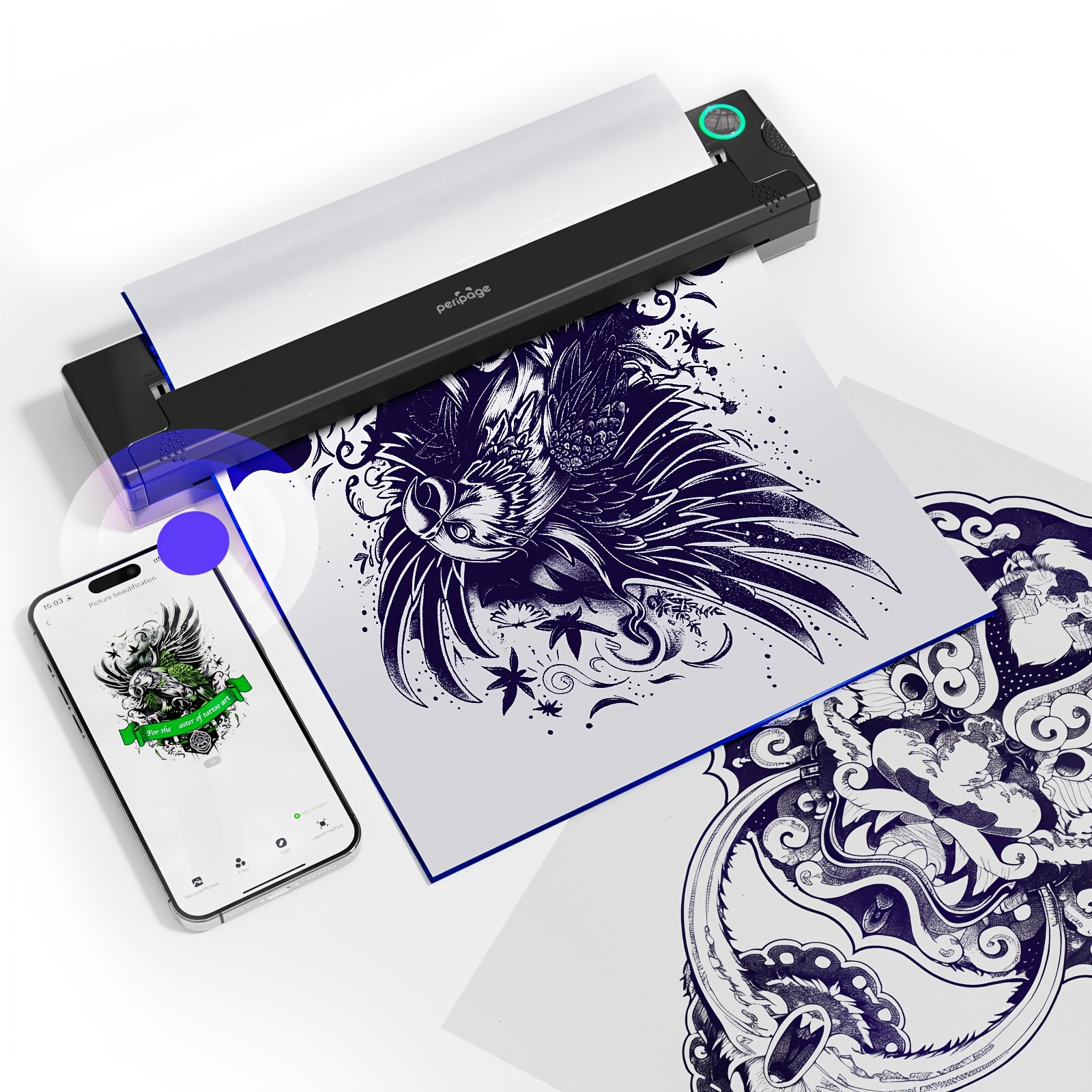   p90 tattoo stencil printer tattoo printer thermal printer for diy tattoo mini portable printer compatible with smartphone and pc ios for   with 5pcs a4 tattoo transfer paper
