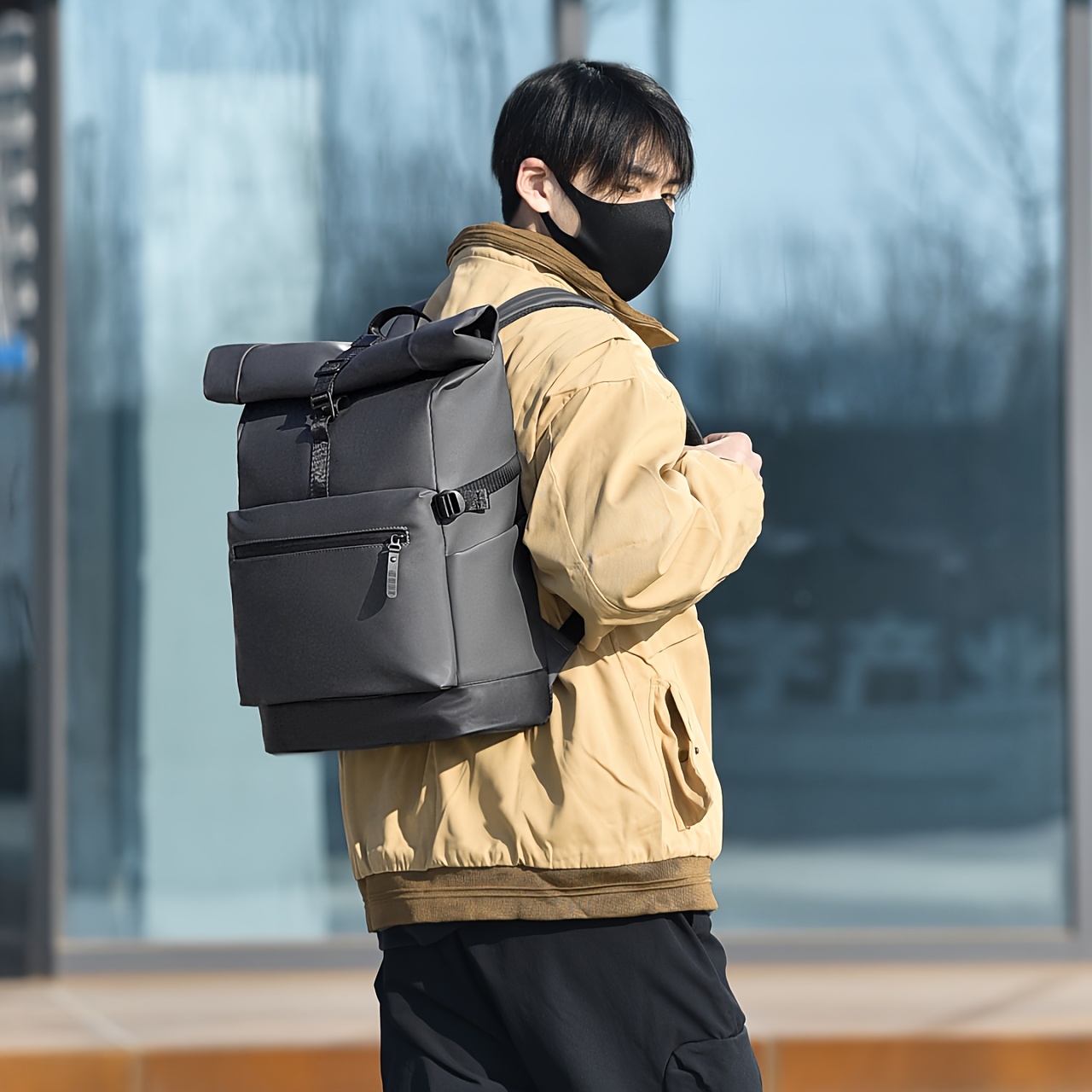 Men's Large-Capacity Roll-Top Backpack Compatible for 15.6 Laptop, Expandable Commuter Bag with Multi-Compartment Tablet & Side Pockets, Adjustable Shoulder Straps & Roll-Top Closure, Lightweight Breathable School Bag for Travel