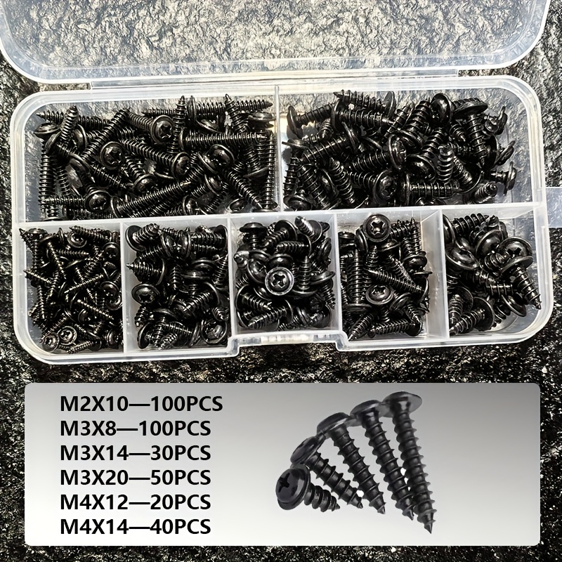 Image of 340pcs M2 M3 M4 Pwa Carbon Steel Black Round Head Cross With Washer Screw Set Metal Screws Suitable For Fastening Screws Of Materials