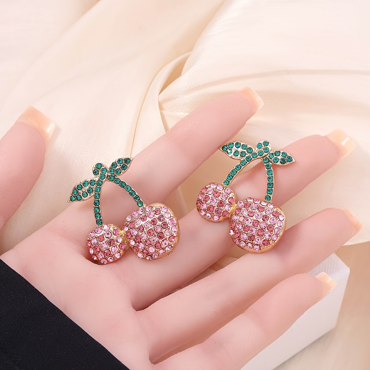 Cherry Stud Earrings with Rhinestones for Daily & Vacation Wear