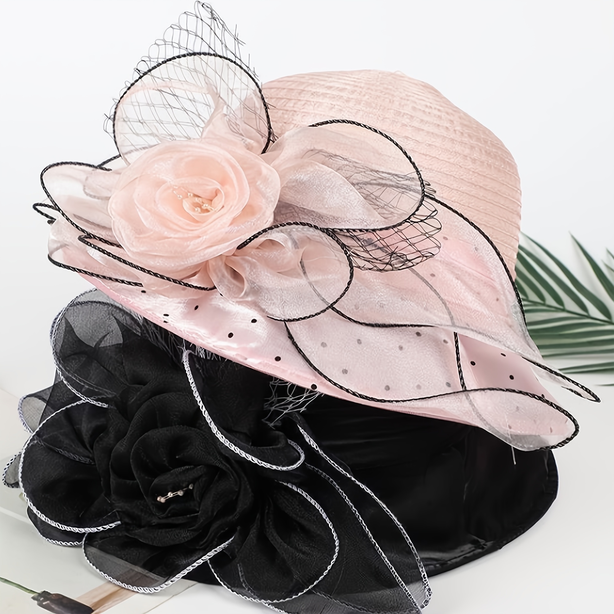 Women Organza Hat, Fascinator Hat Pink Black Hat for Women Organza Fascinator Hat Tea Party Wedding  main image 4