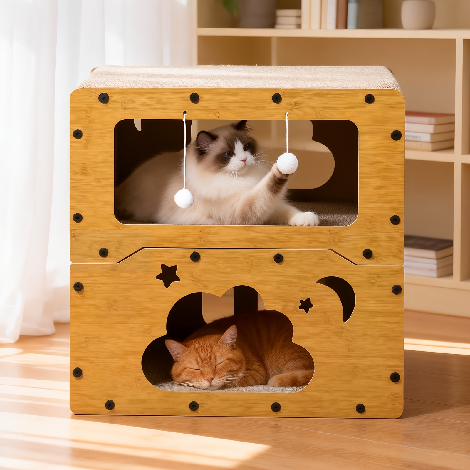 TEMU Wolkenförmiger Kratzbaum für Katzen mit zweischichtigem Holz-Katzenspielhaus – Integrierte multifunktionale Haustiermöbel für stabiles Kratzen,