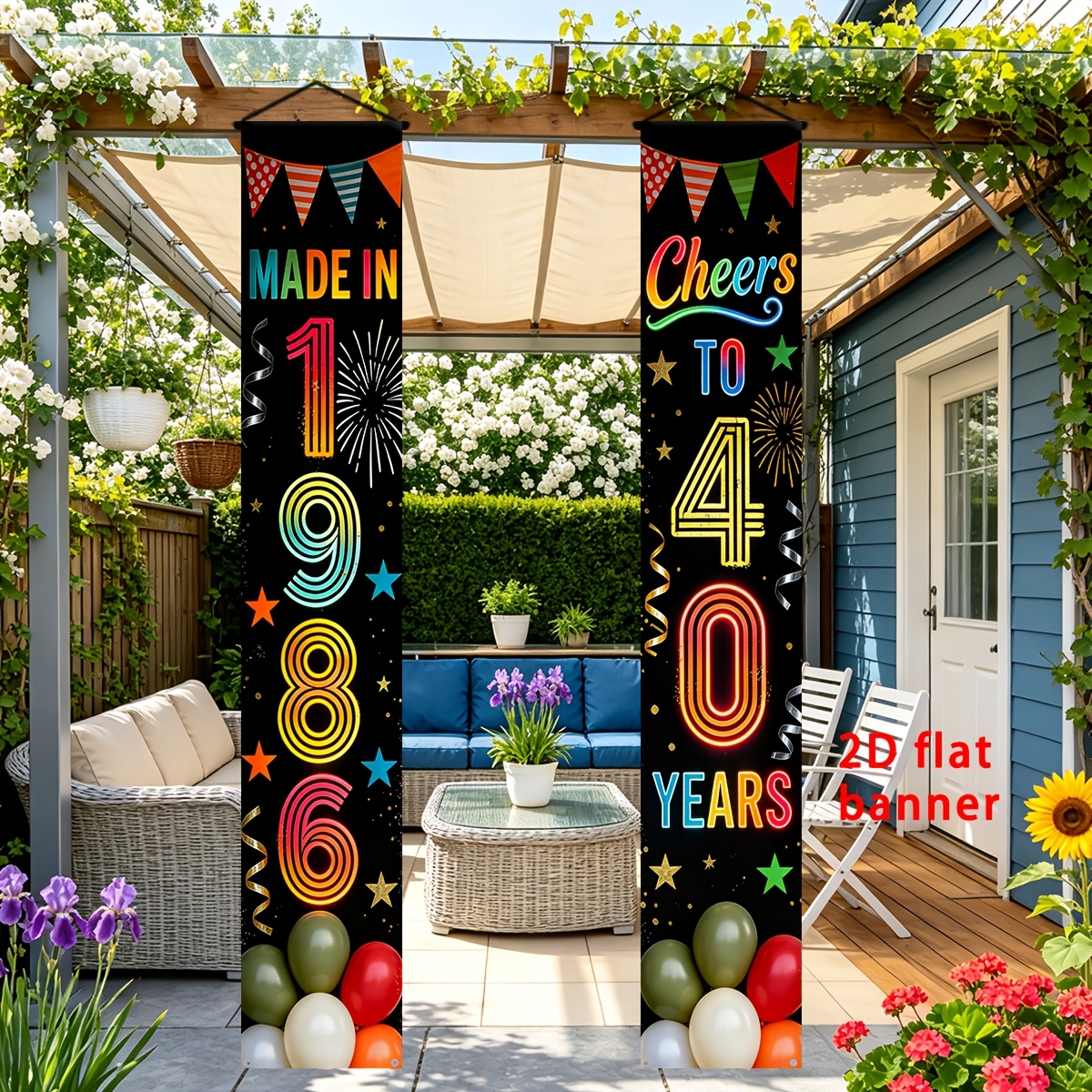 TEMU 2d Flat, 2d Door Banner, 2pcs 40th Birthday Banner Neon Balloon & Fireworks Door Decorations Suitable For Parties,, Entrance Hanging Signs With