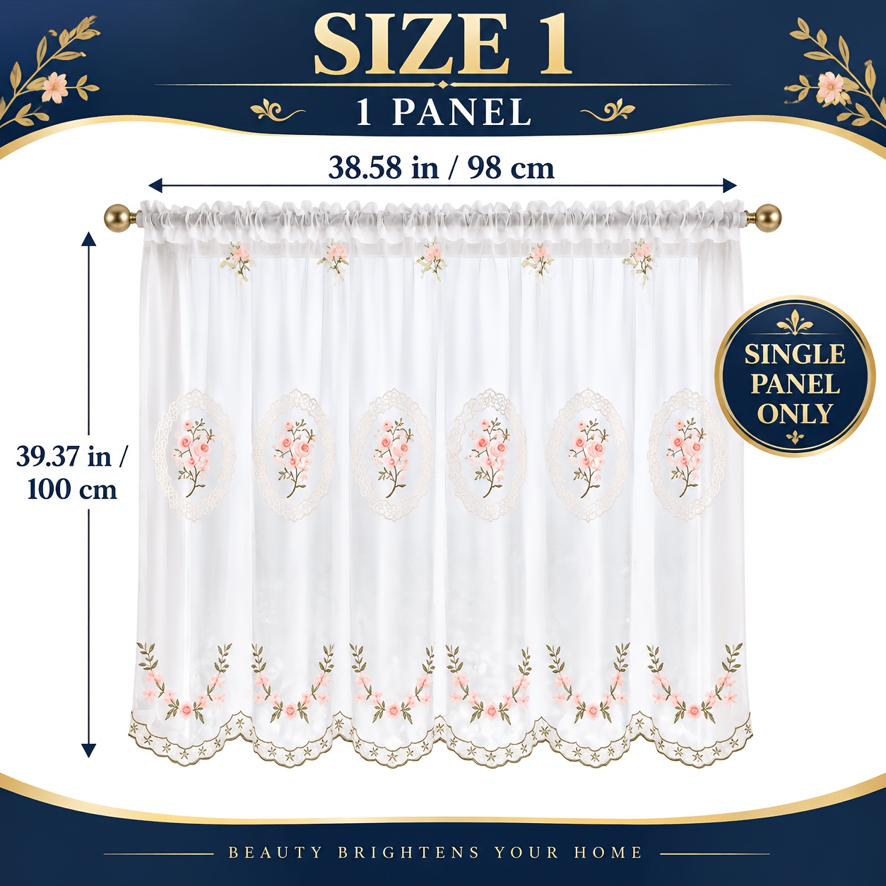 TEMU Rose Embroidered Short Curtain Without Beaded Trim, Sheer Lace Window Decor