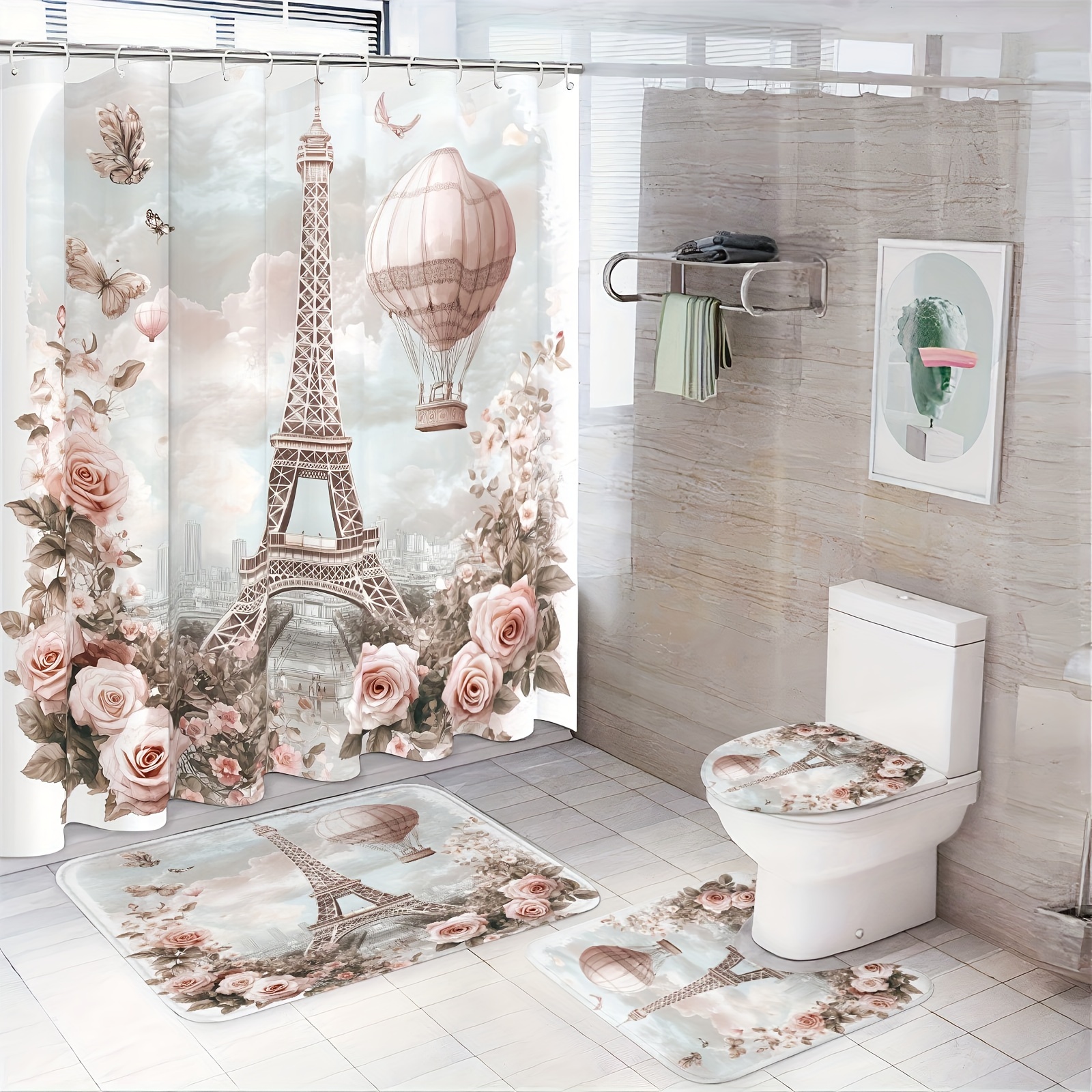 

Paris Eiffel Tower And Hot Air Balloon Shower Curtain Set With Rugs, Floral Polyester Bath Set, Machine Washable Stain Resistant Bathroom Decor With Eyelet Hooks, Woven Knit Seasons