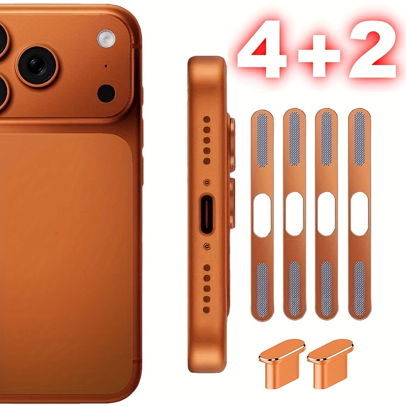 6-pack (4+2) Phone Dust Sticker+dust Plug For Iphone 17 Pro/ Metal Phone Power Plug For Iphone