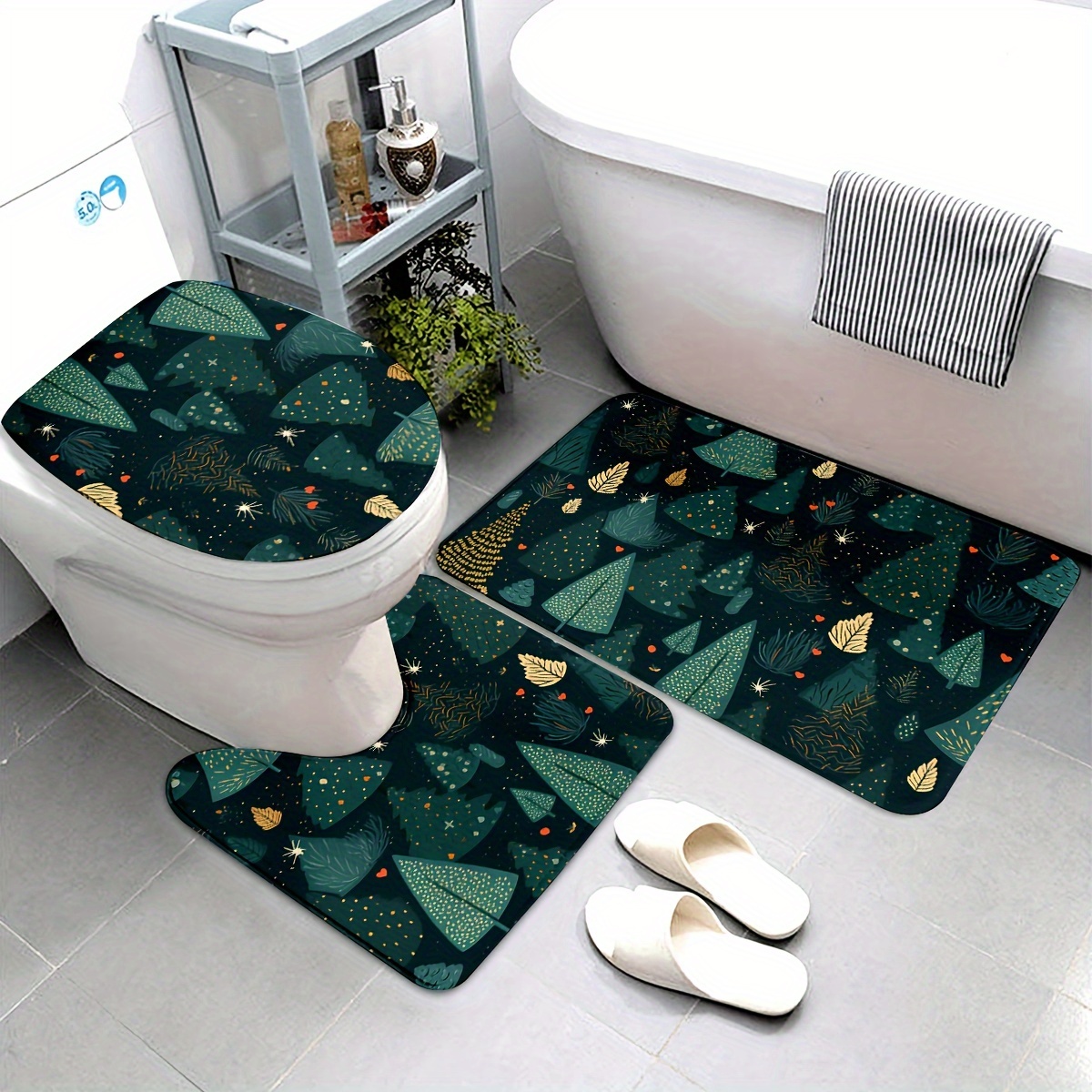 TEMU A Set Of Green Bathroom Mats For Christmas, From Soft Flannel, Featuring A Non-slip Design, Washable, And Made Of Thick Polyester. Ideal For Use