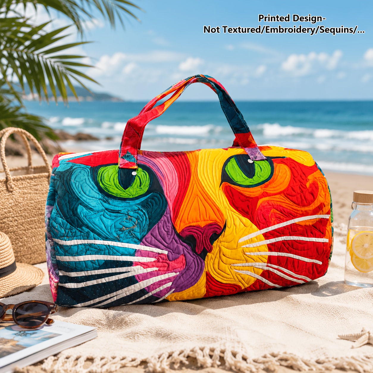 TEMU Colorful Cat Print Quilted Travel Duffel Bag, Large Capacity Handheld Luggage Tote, Lightweight Foldable Weekender Overnight Bag, Artistic