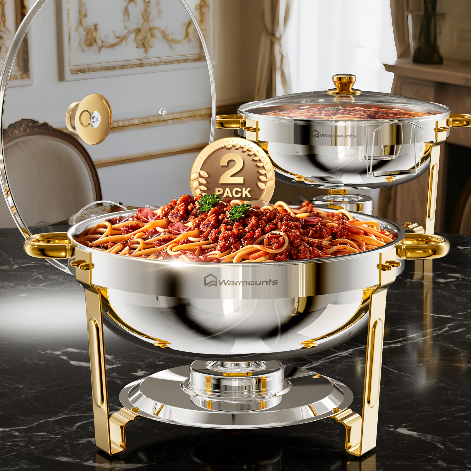 E-shop WARMOUNTS Goldenes Buffet-Warmhalte-Set, 5QT 2/4-tlg. golden halbplattiert – Lebensmittelechter Edelstahl, Warmhalte-Schalen für Buffet-Set mit