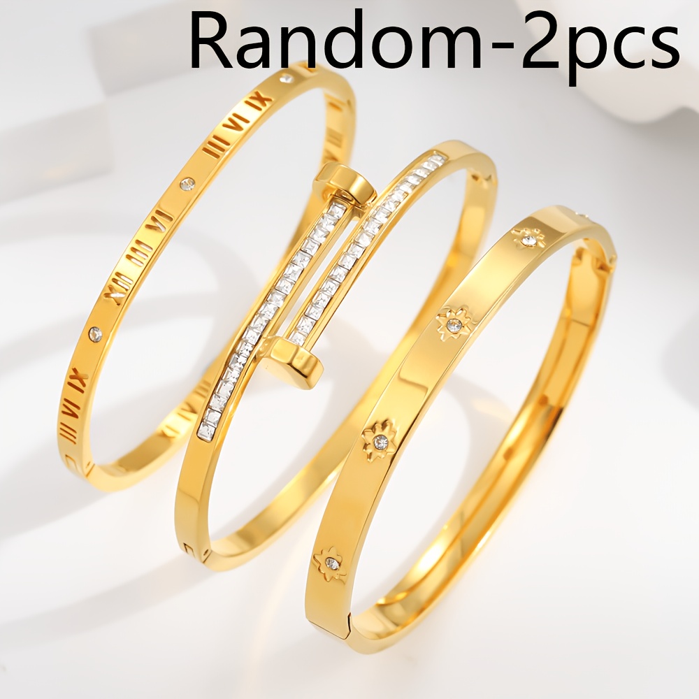 Image of Random 2pcs 18k Gold-plated Stacking Bracelet Set – Roman , Studs, And Clover Charms; Stainless Steel Fashion Jewelry, Women's Gift