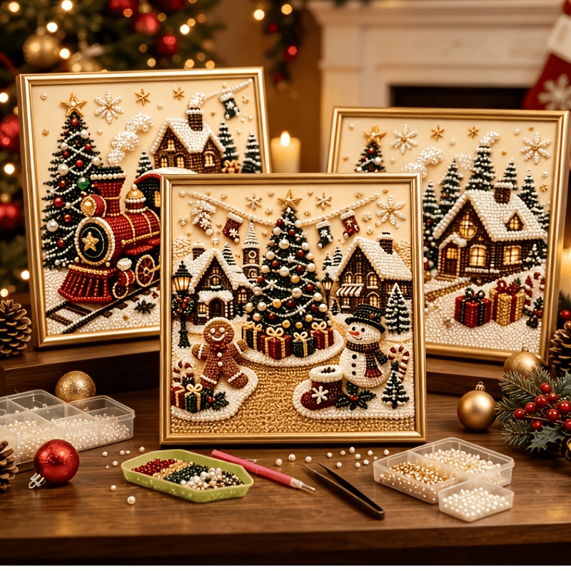 TEMU 3pcs Christmas Pearl Diamond Painting Art Kit With Frame, Adult Christmas Pearl Bead Art Handmade Beginner, Gemstone Diamond Dotting Handmade