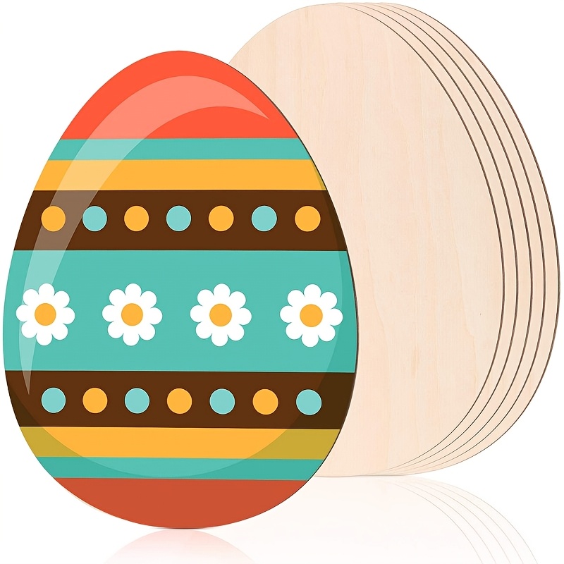 

6pcs Diy Wooden Easter Egg Ornaments - Unfinished Craft Pieces With Stripes, & Floral Patterns For Painting & Holiday Decorations