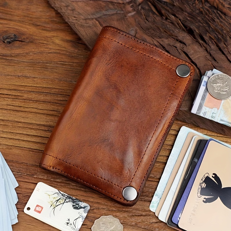 TEMU Vintage Top-grain Leather Wallet For Men, Handcrafted, Large Capacity With Multiple Card Slots And Zipper Coin Pocket