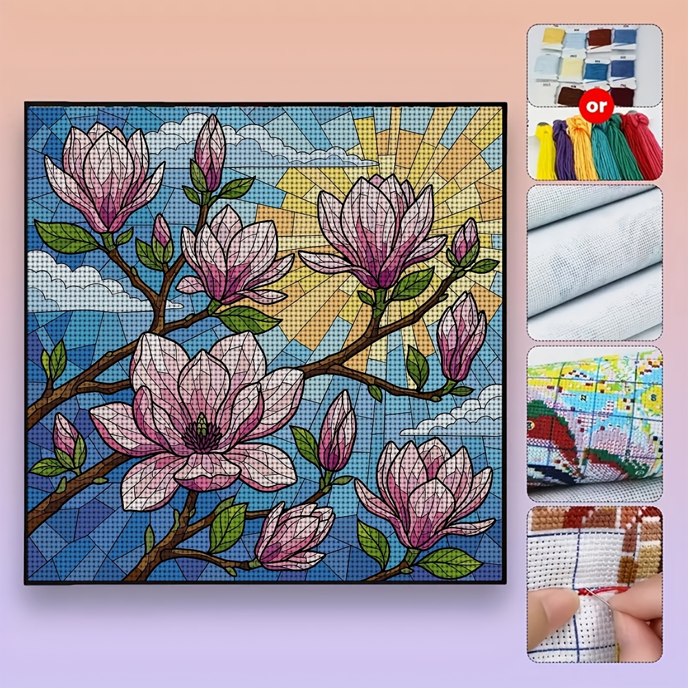 DIY Cross-Stitch Printed Kit, Colored Glass Pink Magnolia Design